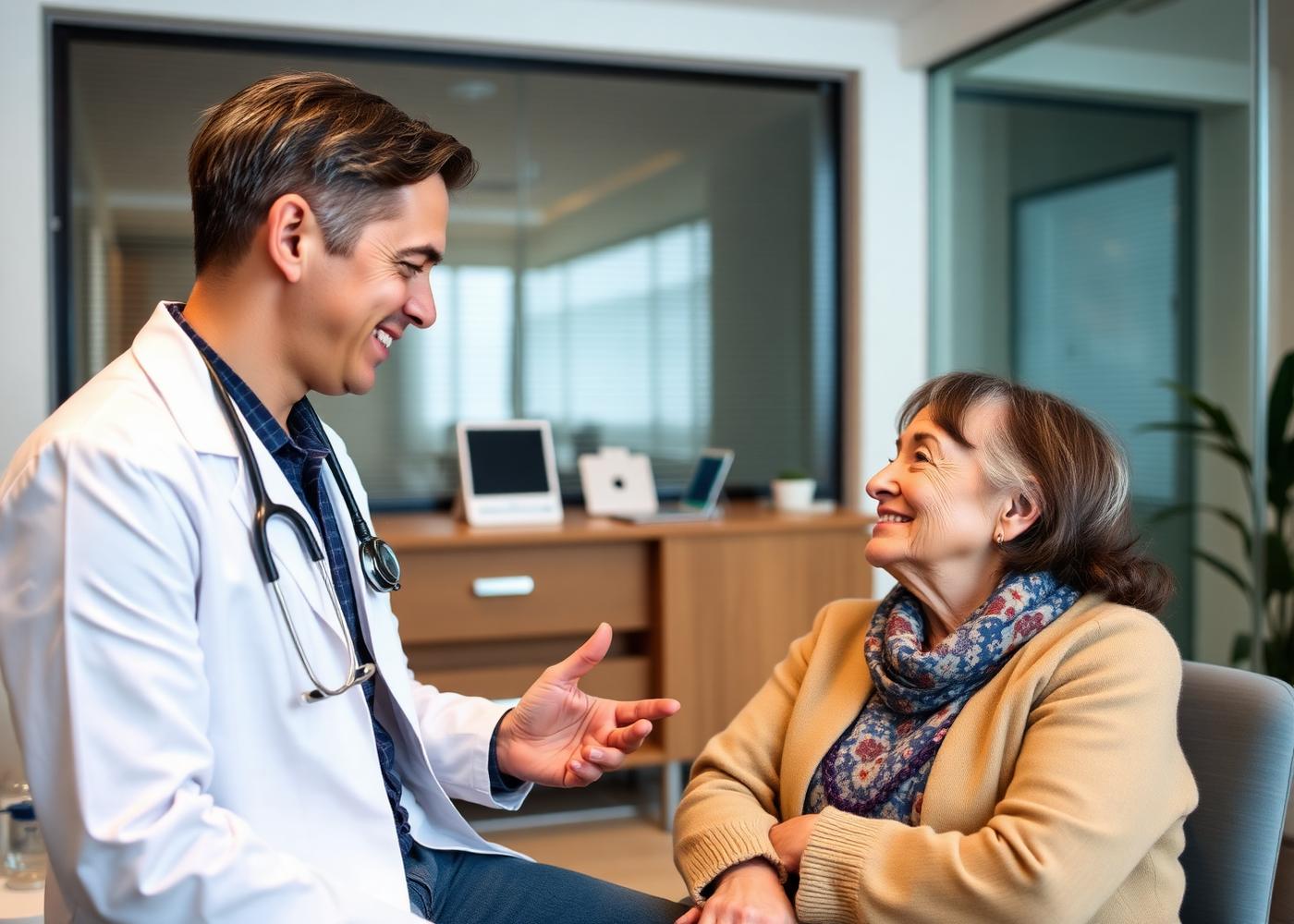 Médico em conversa acolhedora com paciente